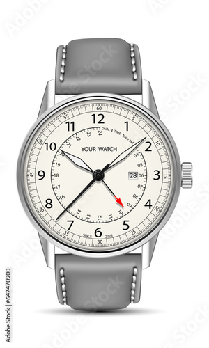 Realistic watch clock chronograph face silver dark grey leather strap on white design classic luxury vector