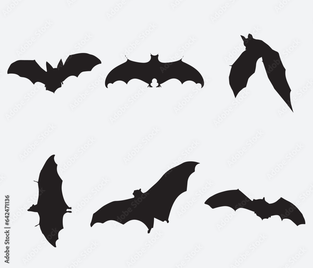 isolated black silhouette of a bat, vector collection isolated black silhouette of a bat, vector collection