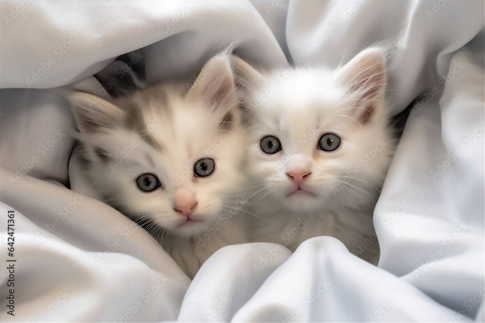 three kitten in blanket, cute fluffy, hyper realistic, beautiful dreammy light, bright eyes.