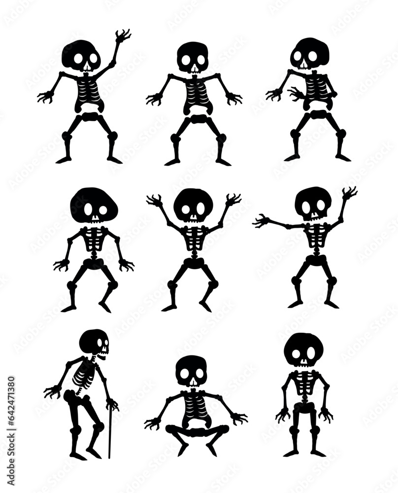 Set of shabby skeletons silhouettes. Halloween skeleton collection