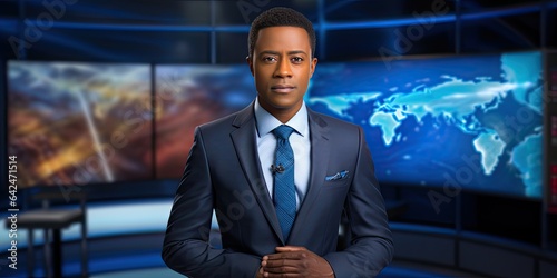 Serious African American TV presenter tells breaking news. Scandals, investigations and breaking news. photo
