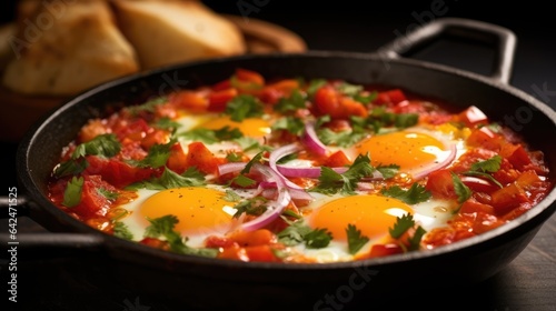 Shakshouka is a Maghrebi dish of eggs poached in a sauce of tomatoes