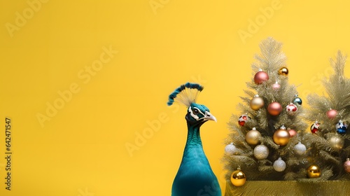 Portrait of peacock and Christmas tree with baubles on yellow background. Creative portrait of wild animal on abstract background.