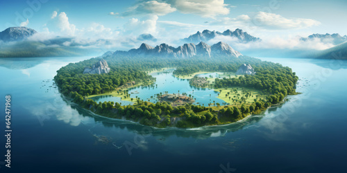 Fantasy landscape with lake and mountains. 
