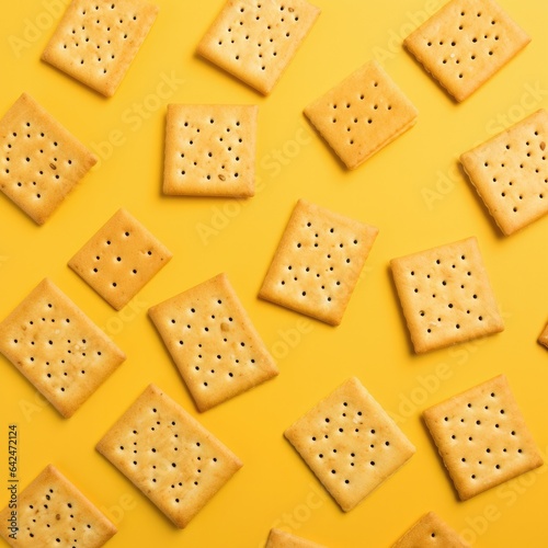 Tasty crispy crackers on a yellow background. Generative AI.