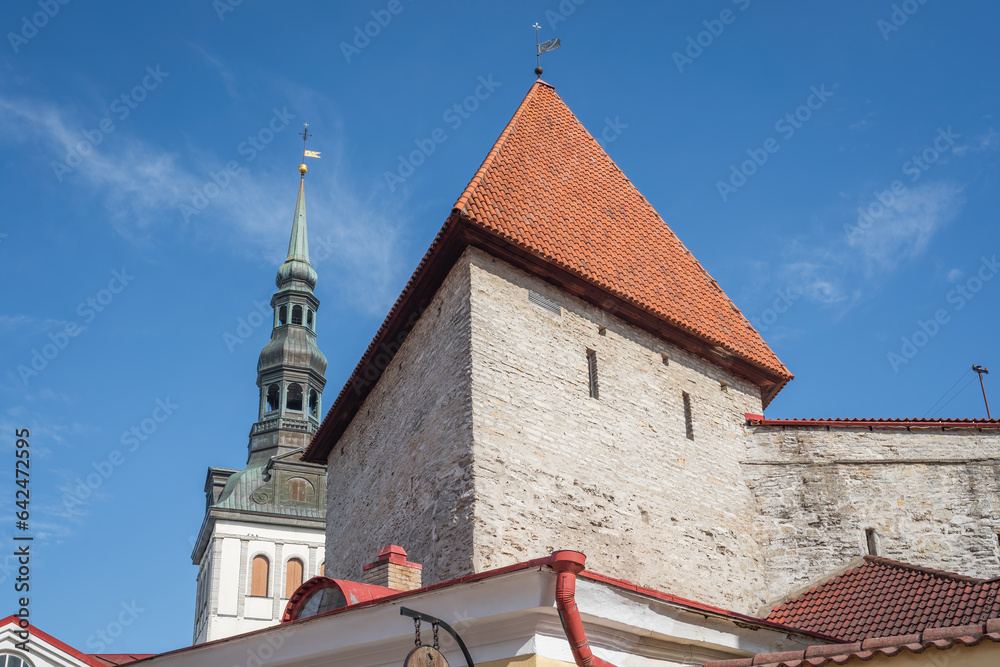Fototapeta premium Short Leg Gate Tower and St. Nicholas Church Tower - Tallinn, Estonia