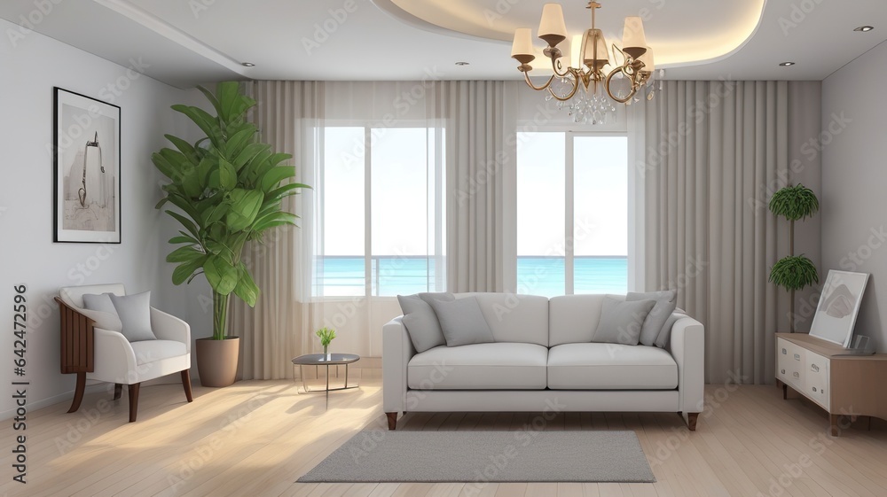 Sofa near blank picture frame on white wall of living room in modern house or luxury hotel. Cozy home interior 3d rendering with beach and sea view Sofa near blank picture frame on white wall of living room in modern house or luxury hotel. Cozy home interior 3d rendering with beach and sea view