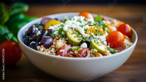Fresh and vibrant Mediterranean vegetable quinoa bowl with feta cheese and olive
