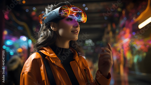 woman wearing a virtual reality headset in a brightly lit room Generative AI © Ishika