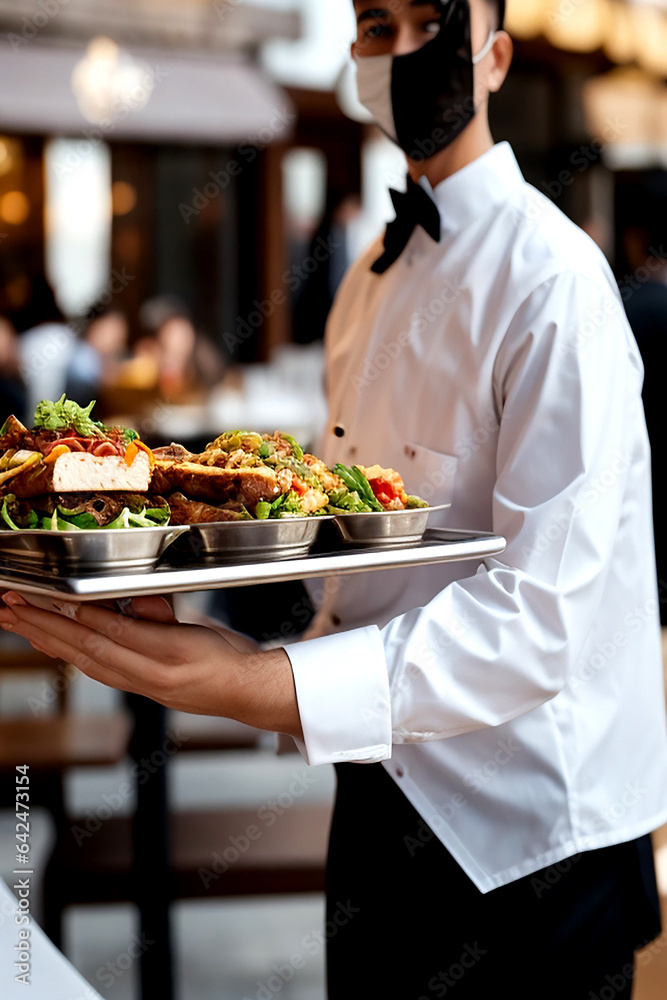 A modern food stylist carefully decorates a meal for presentation in a restaurant, with a closeup of the food stylist's hands and the restaurant's interior in the background.