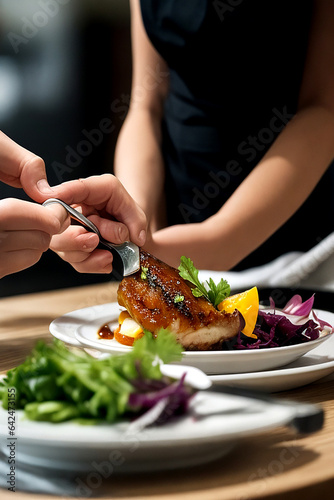 A modern food stylist carefully decorates a meal for presentation in a restaurant, with a closeup of the food stylist's hands and the restaurant's interior in the background.