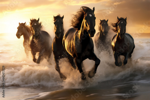 Horses running fast in the beach with dramatic light and sky  giant splash of water  dramatic light and shadow  hyper realistic  hyper detail  winning photo 