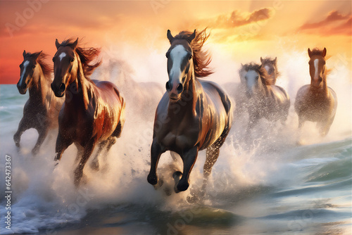 Horses running fast in the beach with dramatic light and sky, giant splash of water, dramatic light and shadow, hyper realistic, hyper detail, winning photo, © Maizal