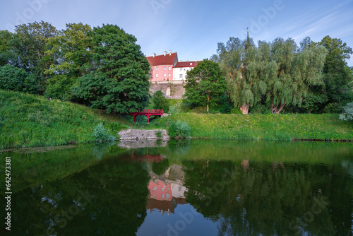 Snelli Park Pond with Red Bridge - Tallinn, Estonia photo