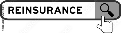 Search banner in word reinsurance with hand over magnifier icon on white background