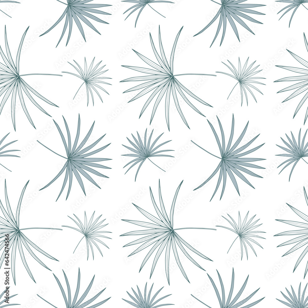 Minimalistic tropical seamless pattern with palm branches on a white background. Pattern for textiles, wrapping paper, covers, postcards, wallpapers. Minimalistic tropical seamless pattern with palm branches on a white background. Pattern for textiles, wrapping paper, covers, postcards, wallpapers.