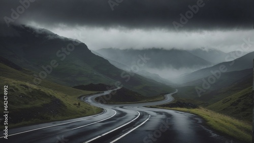 A rain ont he highway over the mountain photo