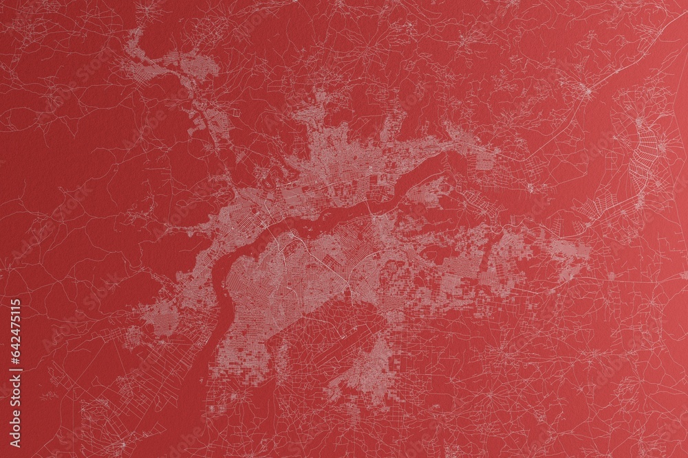 Map of the streets of Bamako (Mali) made with white lines on red paper. Top view, rough background. 3d render, illustration Map of the streets of Bamako (Mali) made with white lines on red paper. Top view, rough background. 3d render, illustration