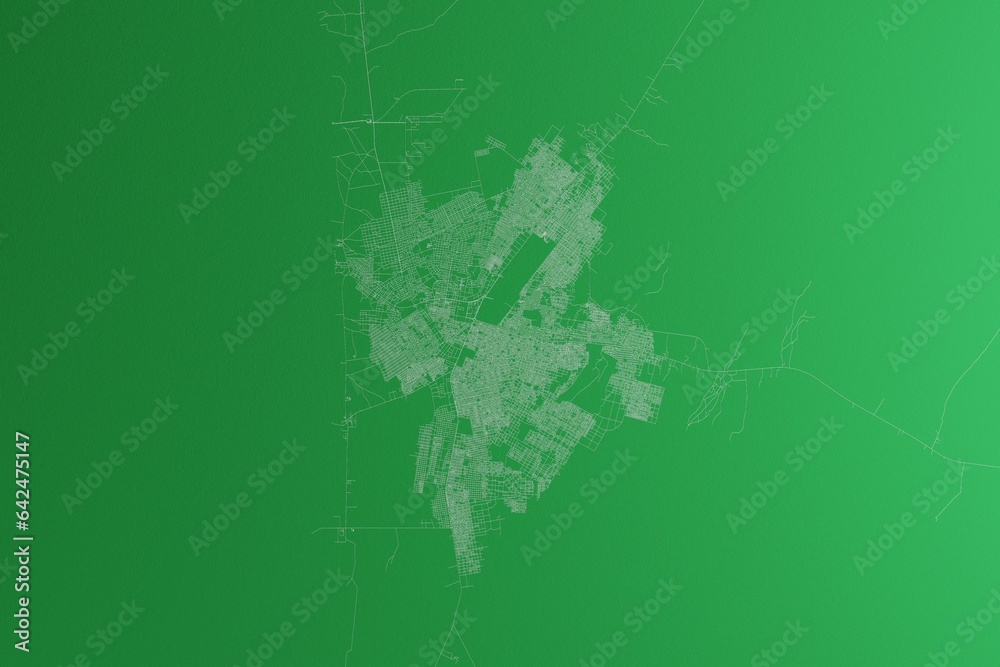 Map of the streets of Nouakchott (Mauritania) made with white lines on green paper. Rough background. 3d render, illustration