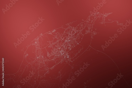 Map of the streets of Bandar Seri Begawan  Brunei  made with white lines on abstract red background lit by two lights. Top view. 3d render  illustration