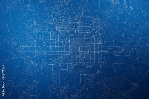 Stylized map of the streets of Beijing (China) made with white lines on abstract blue background lit by two lights. Top view. 3d render, illustration