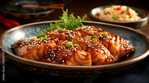 Juicy and succulent grilled teriyaki salmon with a sesame seed garnis