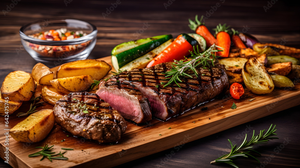 Juicy and tender grilled steak with grilled vegetables on the sid Juicy and tender grilled steak with grilled vegetables on the sid