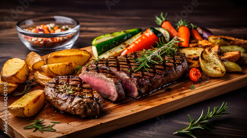 Juicy and tender grilled steak with grilled vegetables on the sid