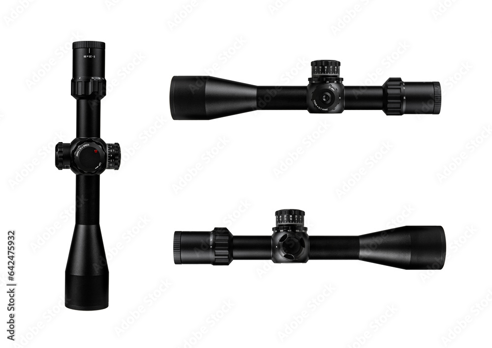 Modern sniper scope on a white back. Optical device for aiming and shooting at long distances. Modern sniper scope on a white back. Optical device for aiming and shooting at long distances.