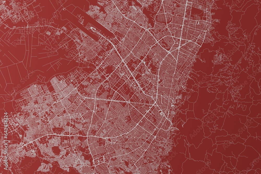 Map of the streets of Bogota (Colombia) made with white lines on red background. Top view. 3d render, illustration