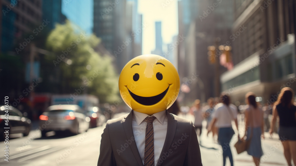 A human emoji. A businessman emoji. A man with an emoji face. Yellow faced man. Happy emoji man, in a suit. Don't worry be happy. - obrazy, fototapety, plakaty 