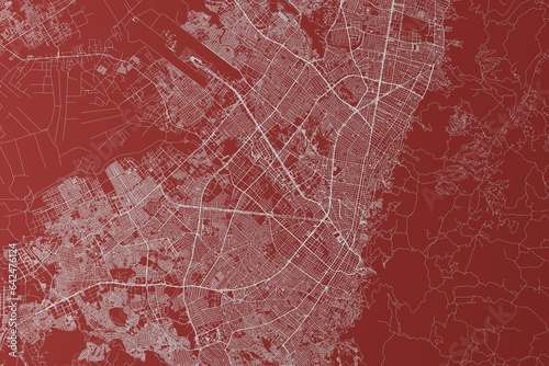 Map of the streets of Bogota  Colombia  made with white lines on red background. Top view. 3d render  illustration