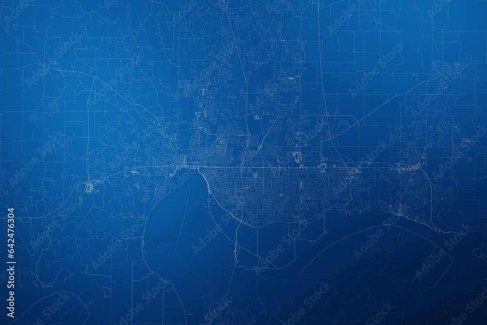 Stylized map of the streets of Evansville (Kentucky, USA) made with white lines on abstract blue background lit by two lights. Top view. 3d render, illustration - obrazy, fototapety, plakaty 