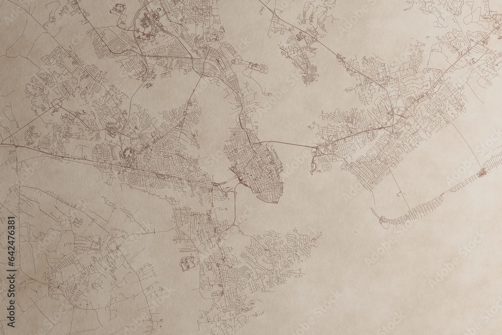 Fototapeta premium Map of Charleston (South Carolina, USA) on an old vintage sheet of paper. Retro style grunge paper with light coming from right. 3d render