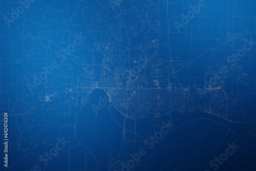Stylized map of the streets of Evansville (Kentucky, USA) made with white lines on abstract blue background lit by two lights. Top view. 3d render, illustration