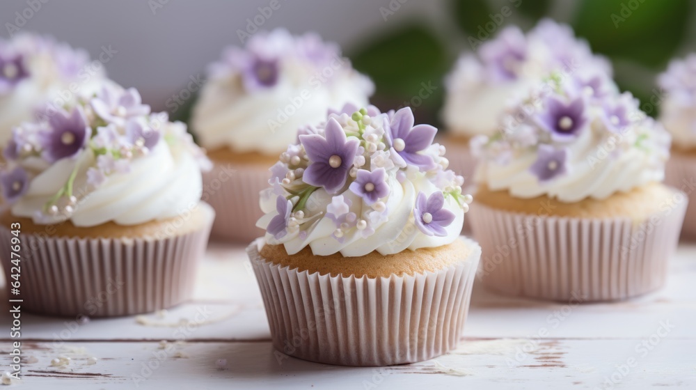 A table topped with cupcakes covered in frosting and purple flowers. Digital image. A table topped with cupcakes covered in frosting and purple flowers. Digital image.