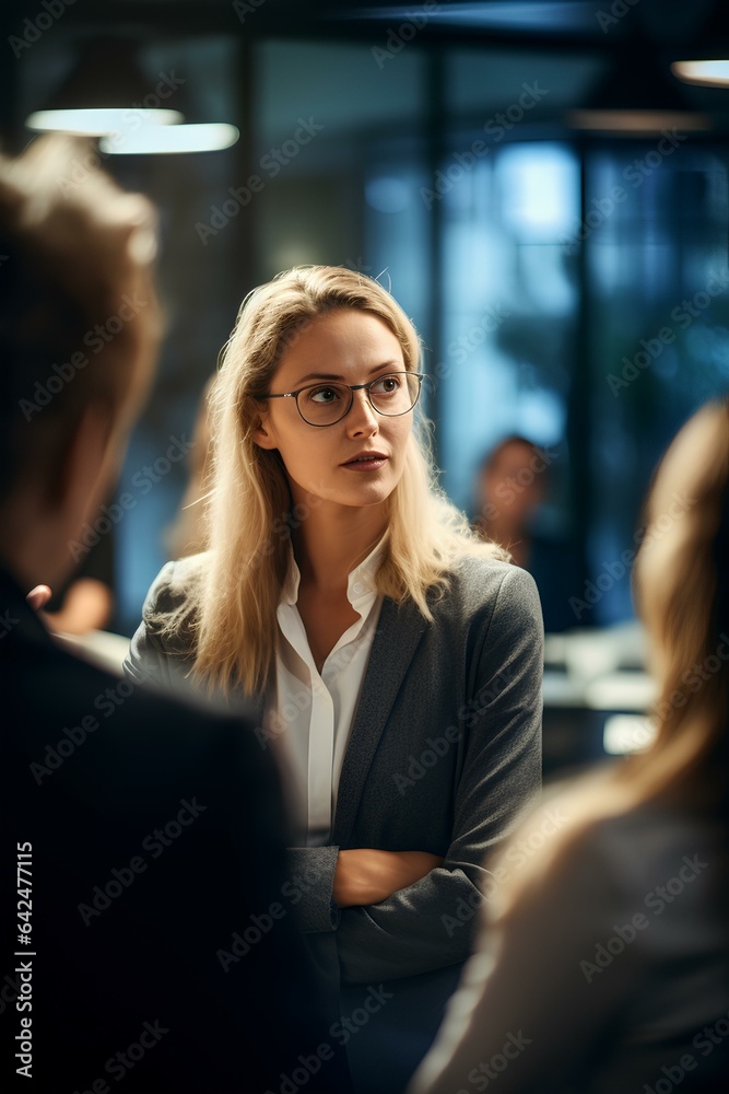 Female team leader having a discussion with her colleagues in a meeting. generative AI Female team leader having a discussion with her colleagues in a meeting. generative AI