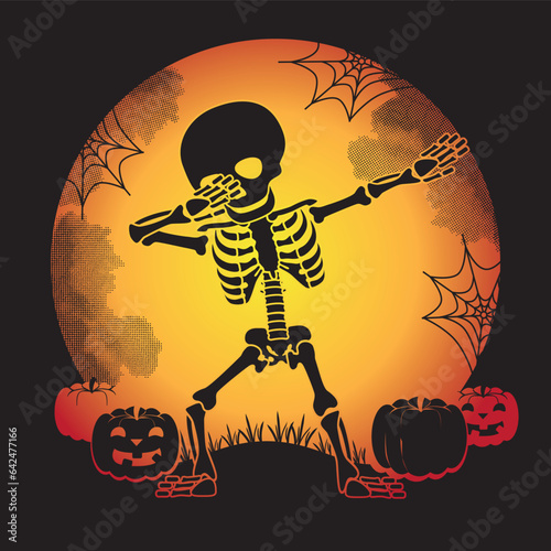 Dabbing skeleton on full moon background. Halloween vector illustration.