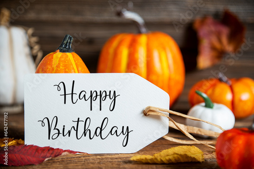 Photography Orange Pumpkin Decoration With Label With Text Happy Birthday