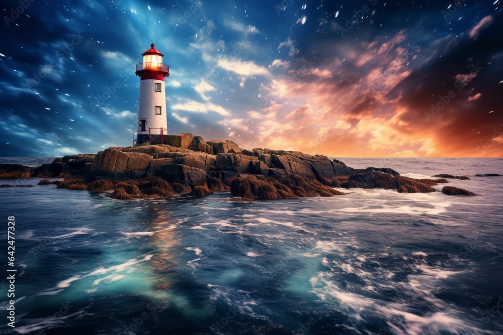Photo of a majestic lighthouse perched atop a rugged ocean rock created with Generative AI technology