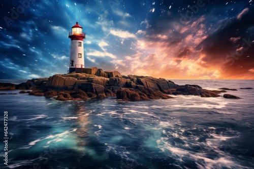 Photo of a majestic lighthouse perched atop a rugged ocean rock created with Generative AI technology