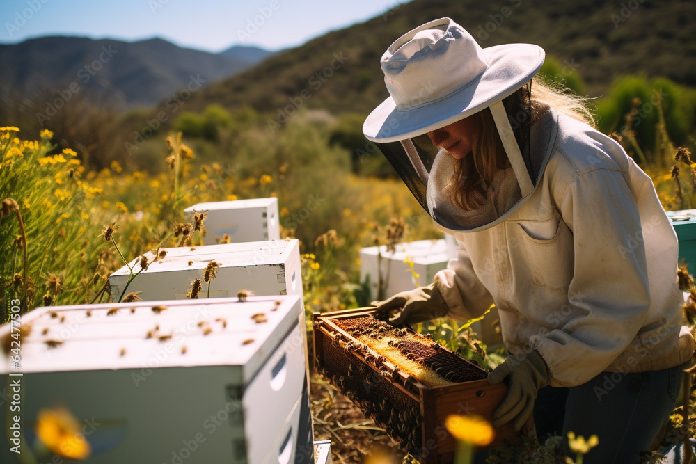 Beekeeper working in apiary with honey bee. Organic food farming. Generative AI Beekeeper working in apiary with honey bee. Organic food farming. Generative AI
