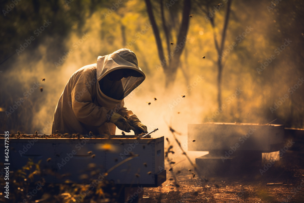 Fototapeta premium Beekeeper working in apiary with honey bee. Organic food farming. Generative AI
