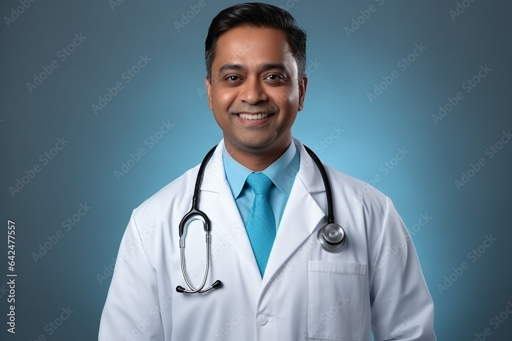 Male doctor in uniform portrait on blue background. Copy space. Generative AI Male doctor in uniform portrait on blue background. Copy space. Generative AI