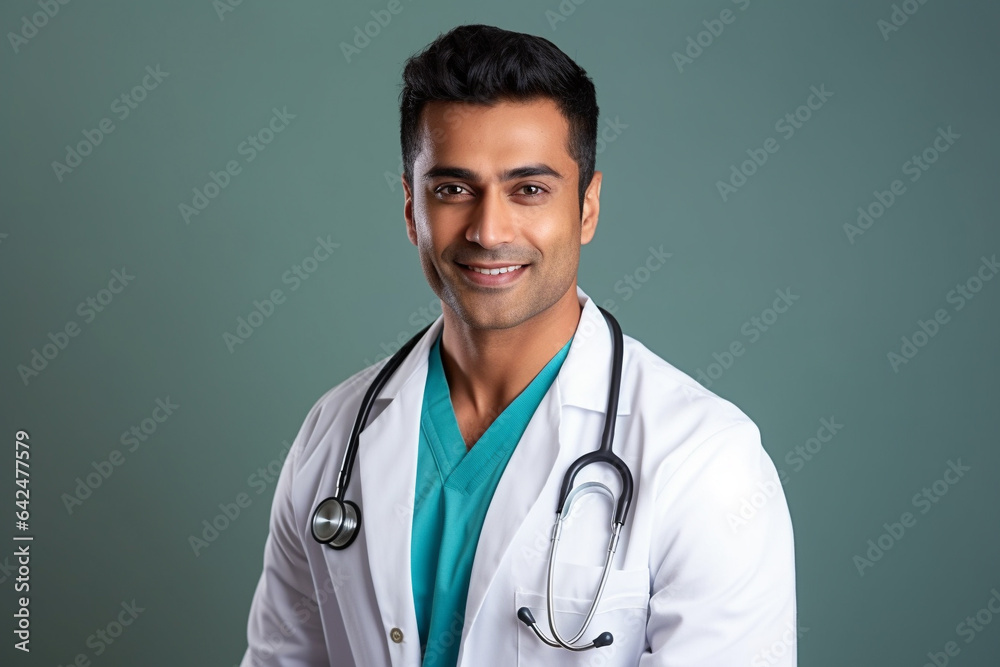 Male doctor in uniform portrait on blue background. Copy space. Generative AI Male doctor in uniform portrait on blue background. Copy space. Generative AI