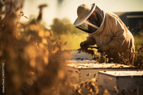 Beekeeper working in apiary with honey bee. Organic food farming. Generative AI