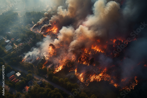Wildfire in forest near residential area, climate change and global warming hazard. Generative AI