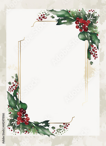 Elegant watercolor Christmas invitation card template with white space in the middle,with deep red and forest green hues