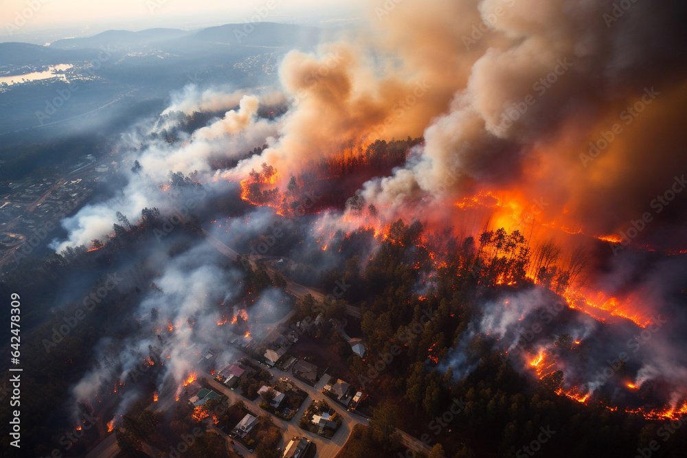 Wildfire in forest near residential area, climate change and global warming hazard. Generative AI