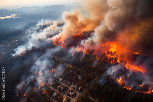 Wildfire in forest near residential area  climate change and global warming hazard. Generative AI